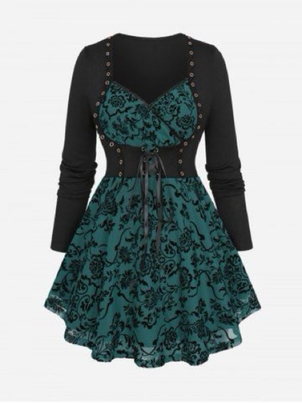 Black & Teal Floral Long-Sleeve Corset Tunic Top